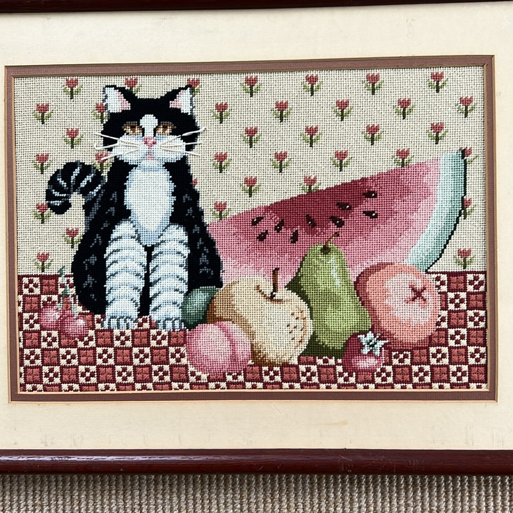 Vintage Framed Needlepoint Folk Art Cat by Michael LeClair- “Our Cat Clarence”